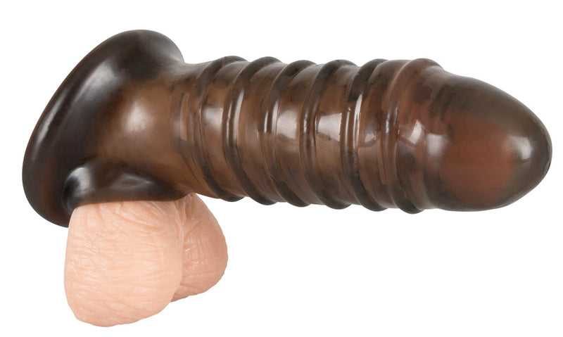 Rebel Penis sleeve met testikellus en stimulerende groeven - Zwart