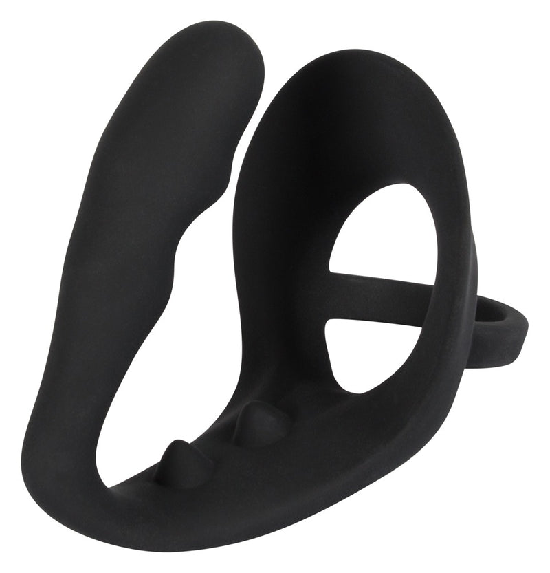 Black Velvets Cockring met butt plug & perineumbrug - Zwart
