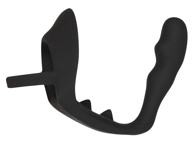 Black Velvets Cockring met butt plug & perineumbrug - Zwart