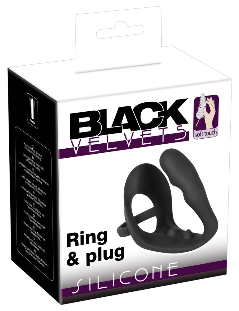 Black Velvets Cockring met butt plug & perineumbrug - Zwart