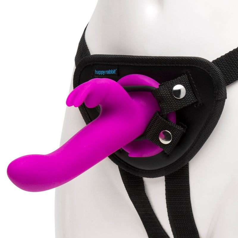 happyrabbit Trillende strap-on met konijnenoren - Paars