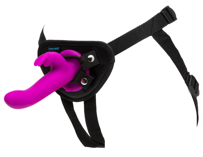 happyrabbit Trillende strap-on met konijnenoren - Paars