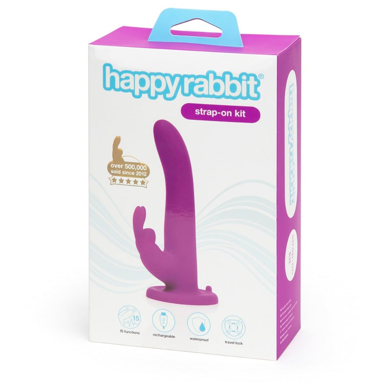 happyrabbit Trillende strap-on met konijnenoren - Paars