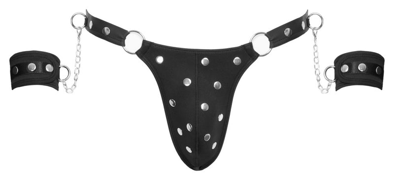 Svenjoyment Thong met handboeien en studs - Zwart