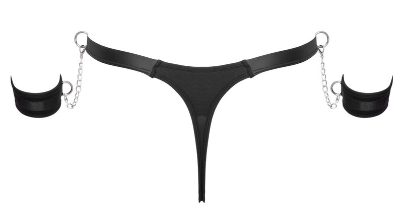 Svenjoyment Thong met handboeien en studs - Zwart