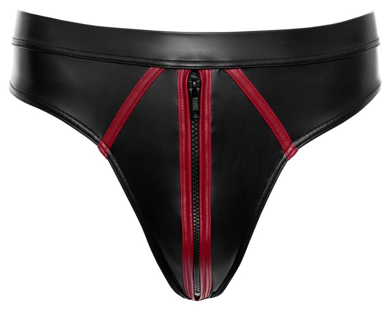 Svenjoyment Thong wetlook met rode strepen en ritssluiting - Zwart