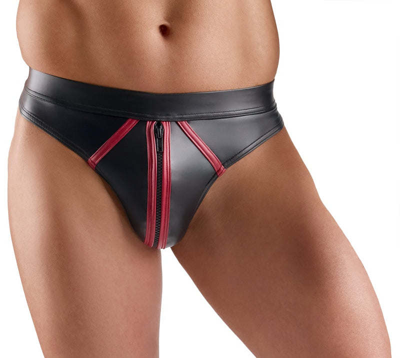 Svenjoyment Thong wetlook met rode strepen en ritssluiting - Zwart