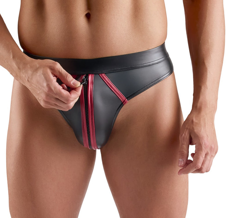 Svenjoyment Thong wetlook met rode strepen en ritssluiting - Zwart