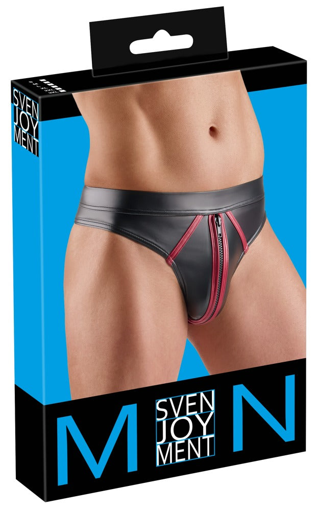 Svenjoyment Thong wetlook met rode strepen en ritssluiting - Zwart