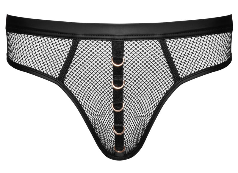 Svenjoyment Thong met wetlook en gouden ringen - Zwart