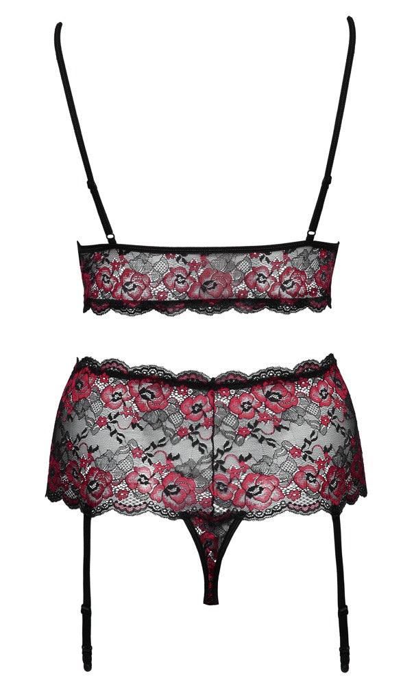 Cottelli CURVES Jarretel set met beugelloze bh en kruisloze slip - Zwart