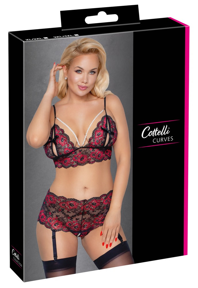 Cottelli CURVES Jarretel set met beugelloze bh en kruisloze slip - Zwart