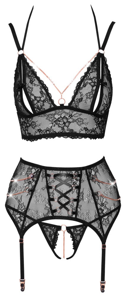 Abierta Fina kanten set met strass - Zwart