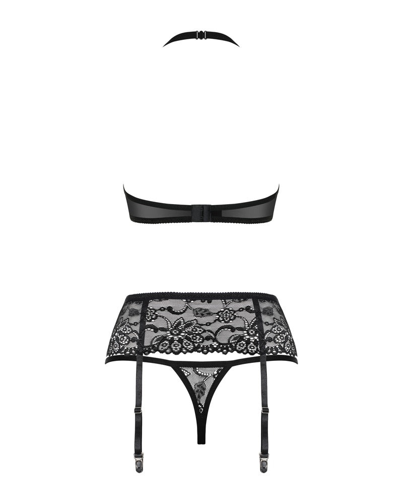 Obsessive Set halternek bra, jarretelgordel en thong - Zwart