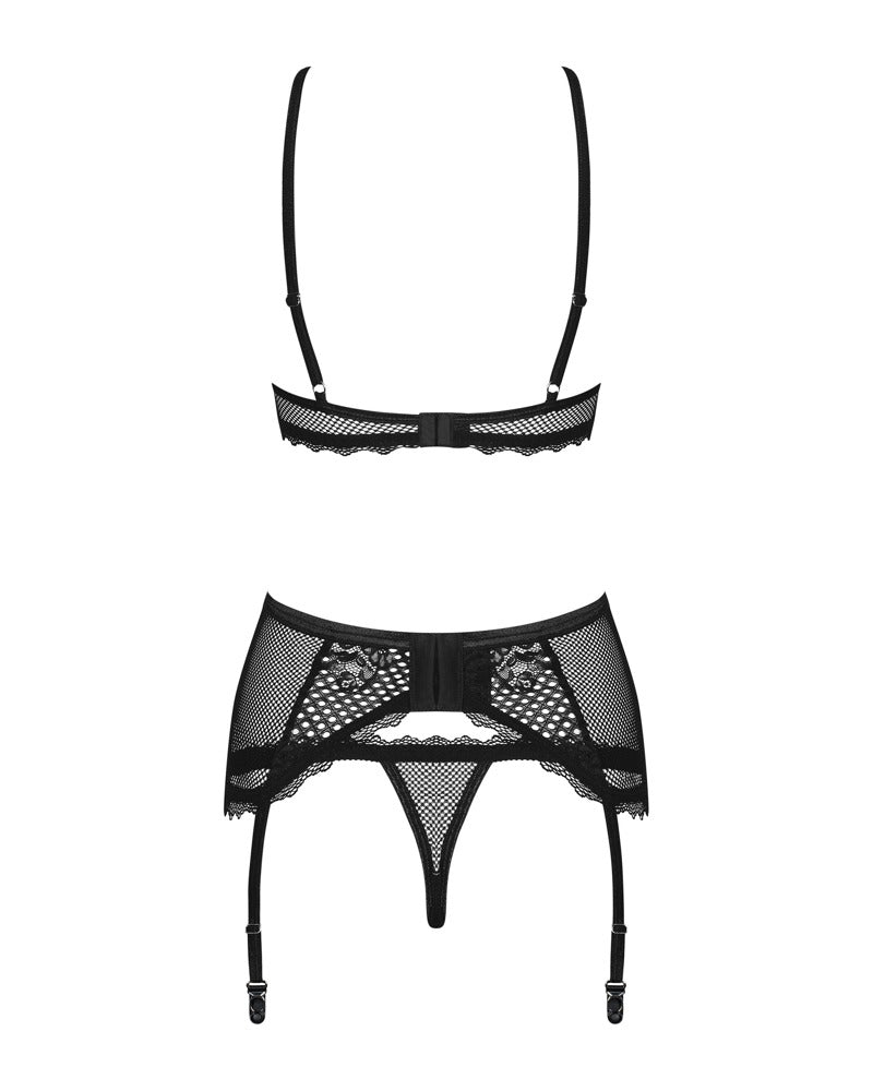 Obsessive 3-delig set met vetersluiting en metalen ringen - Zwart