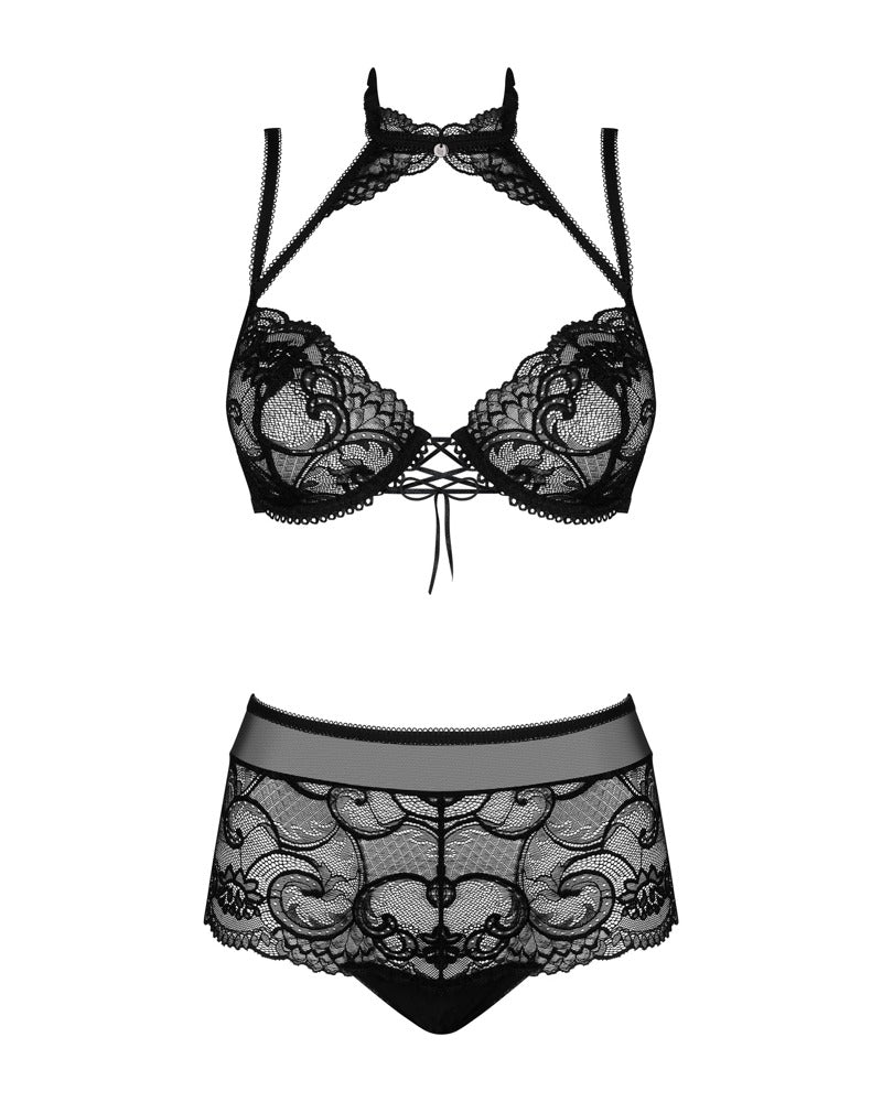 Obsessive 2-delig set met kanten choker en korsetband - Zwart