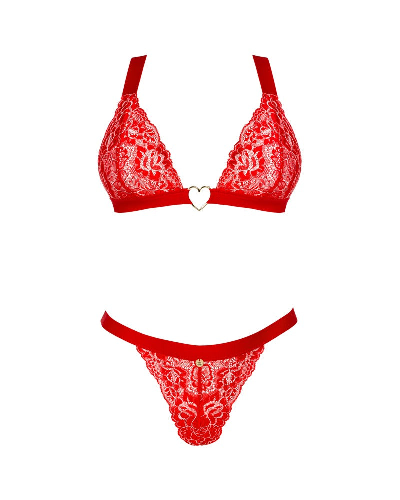 Lingerieset met bloemenkant en gouden details - Rood