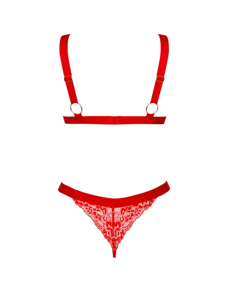 Lingerieset met bloemenkant en gouden details - Rood