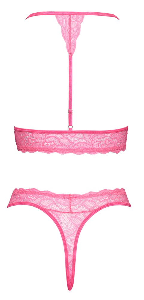 Bra halter met jarretels en thong - Roze