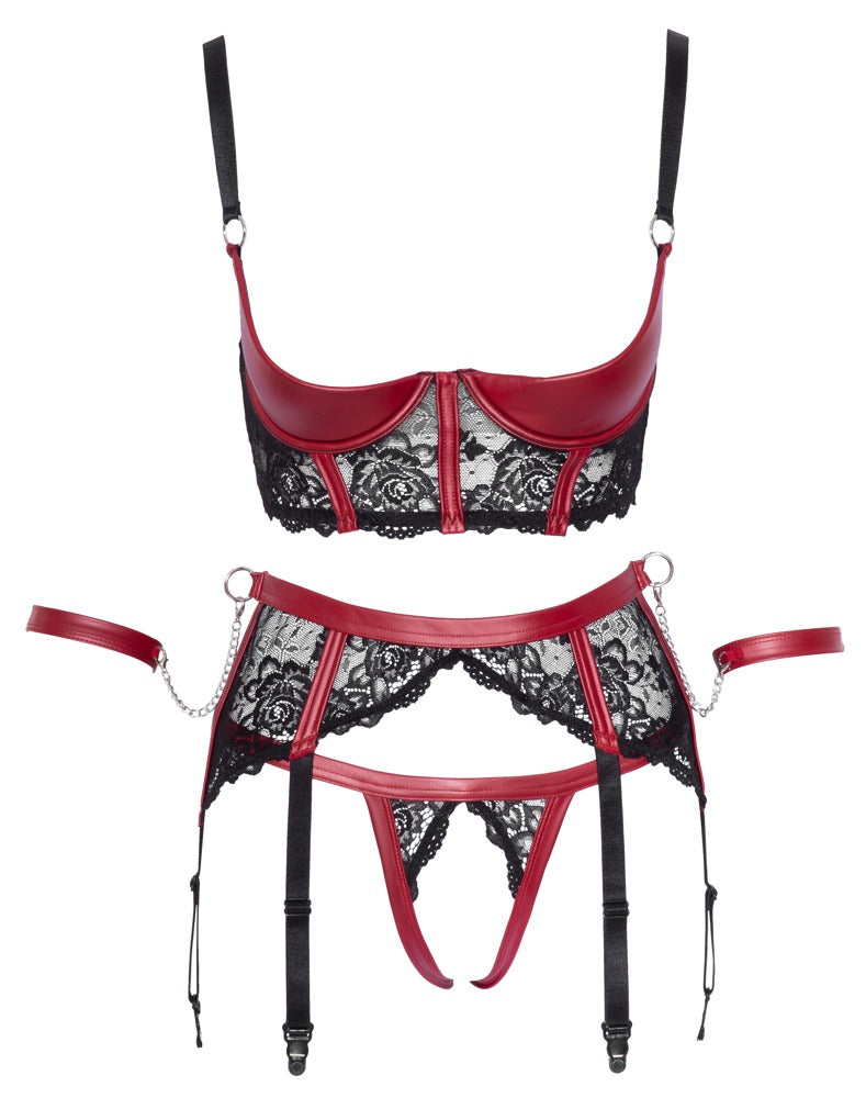 Cottelli BONDAGE Jarretel set met plateau bra en kruisloos string - Zwart