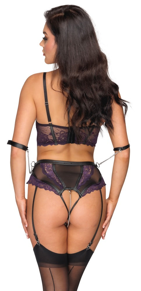 Cottelli BONDAGE Jarretel set met longline bra en polsmanchetten - Zwart