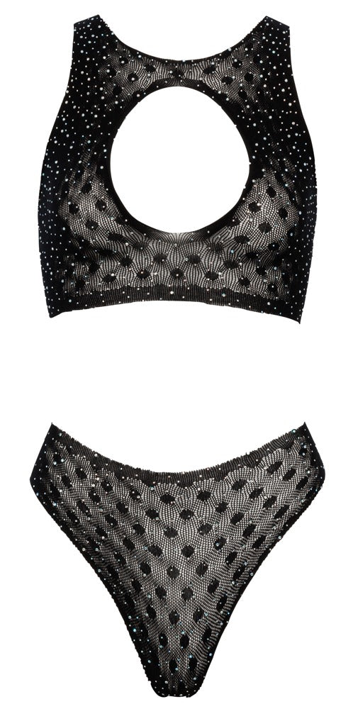 Fantasy by Cottelli Jarretel set met strassteentjes en halsuitsnede - Zwart
