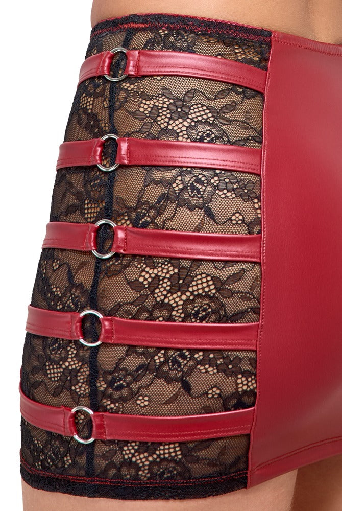 Wetlook set met haltertop en minirok - Rood