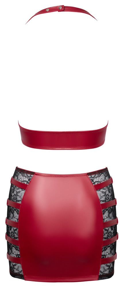 Wetlook set met haltertop en minirok - Rood