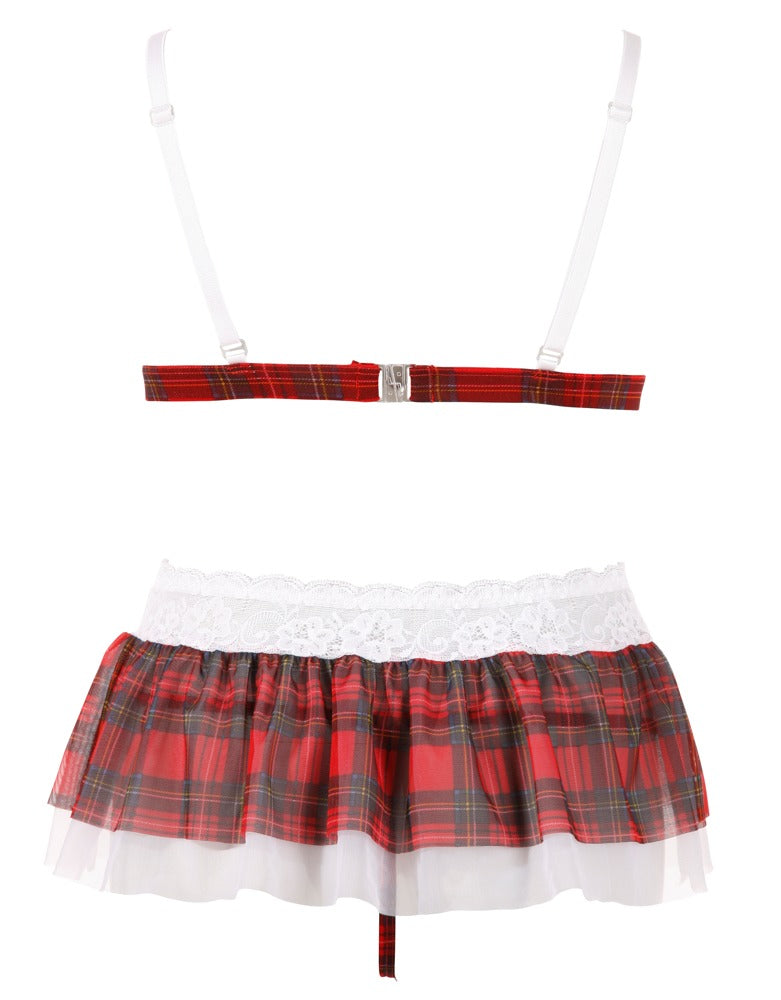 Cottelli LINGERIE Jarretel set met geruite rok en beugelloze beha - Rood