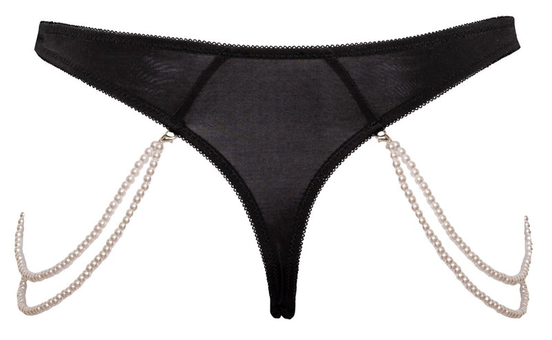 Cottelli LINGERIE String met geborduurd kant en parelkettingen - Zwart
