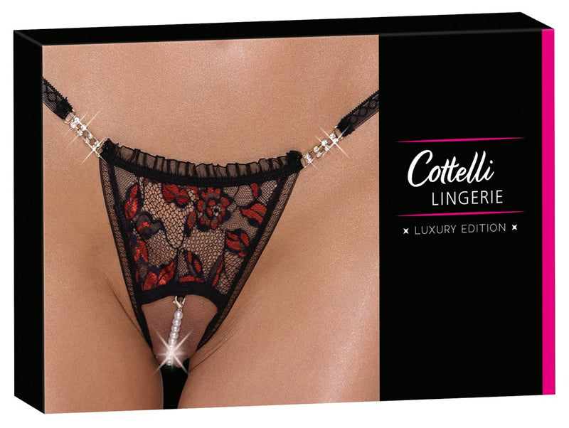 Cottelli LINGERIE String kruisloos met strass en parelketting - Zwart