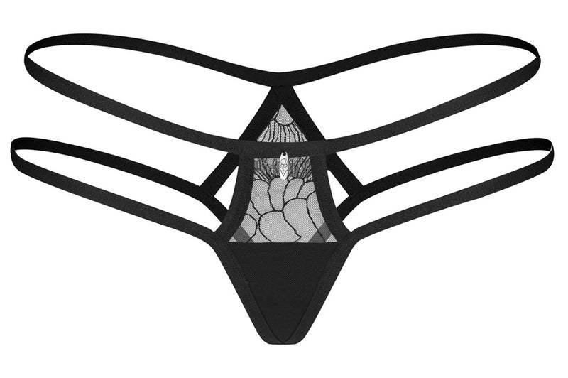 Thong met kant en decoratief detail - Zwart