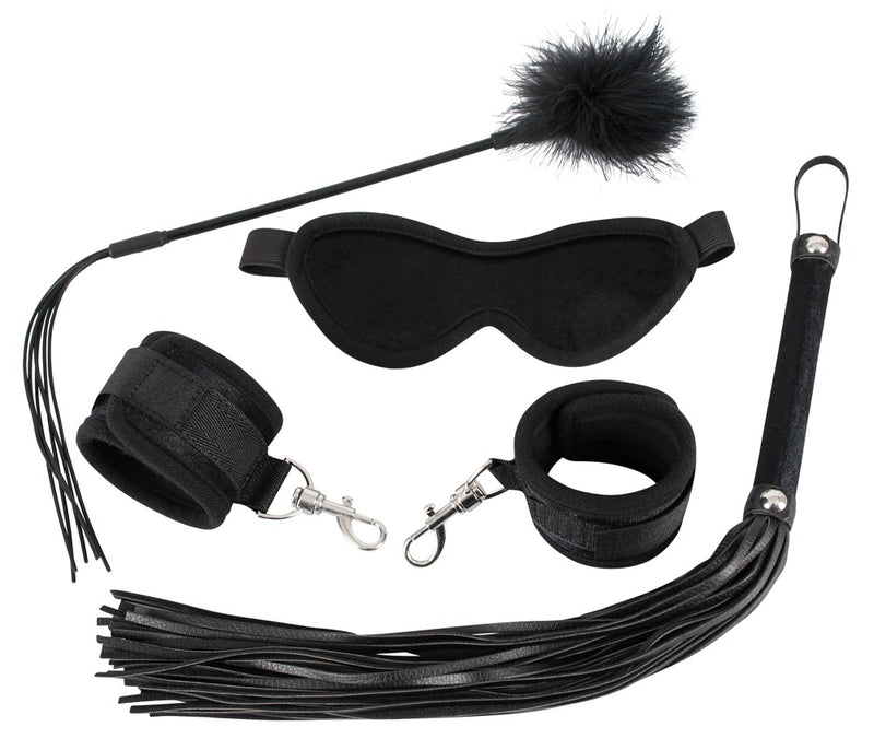 Bad Kitty Fetisj set met blinddoek, handboeien & flogger - Zwart