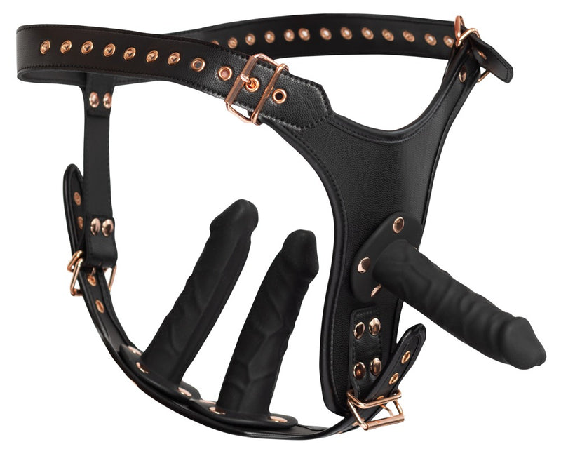 Bad Kitty Strap-on string met 3 dildo's - Zwart