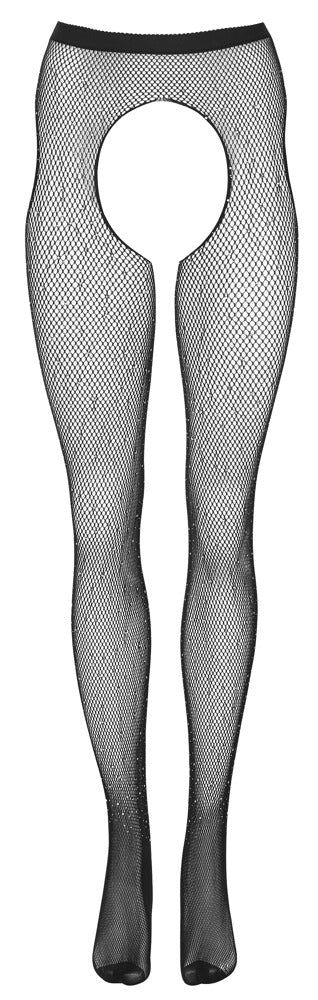 Cottelli LEGWEAR Jarretel panty met open kruis en edelstenen - Zwart