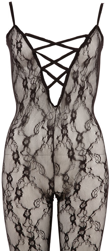 NO:XQSE Catsuit met kant en open kruis - Zwart