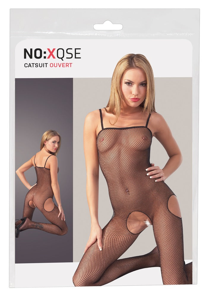 NO:XQSE Catsuit netkous met kijkgaten - Zwart