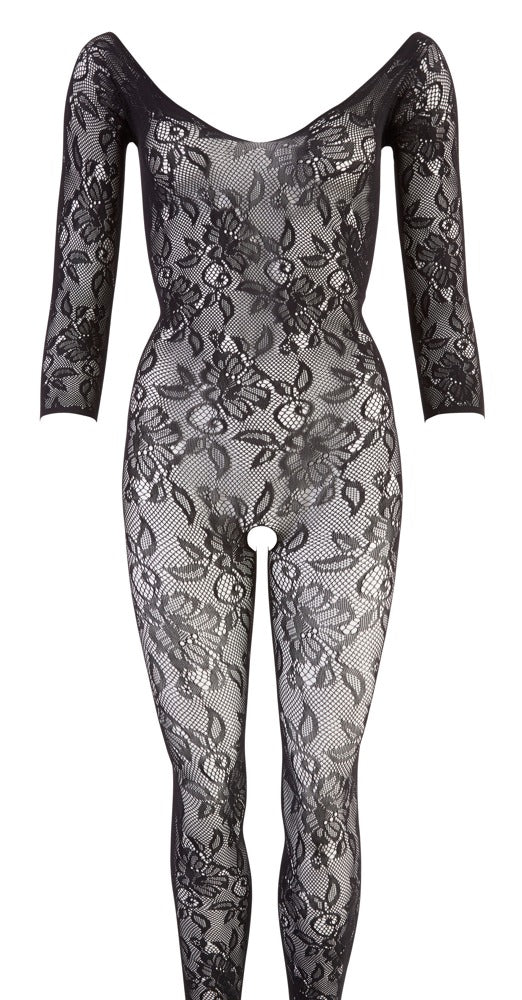 NO:XQSE Catsuit met gebloemd kant en vetersluiting - Zwart