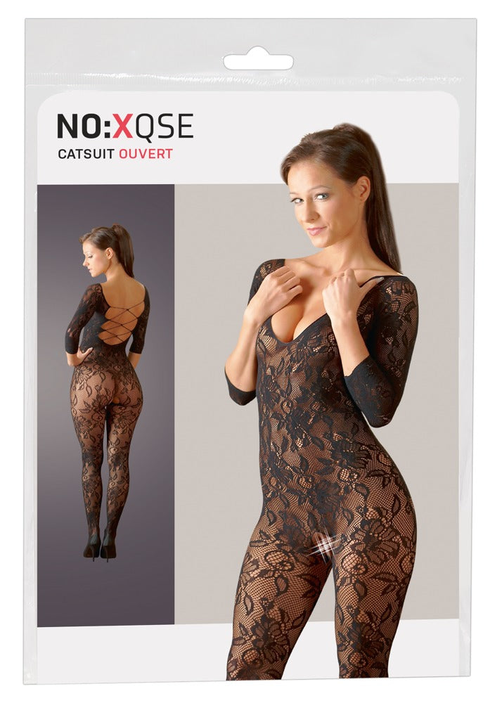 NO:XQSE Catsuit met gebloemd kant en vetersluiting - Zwart