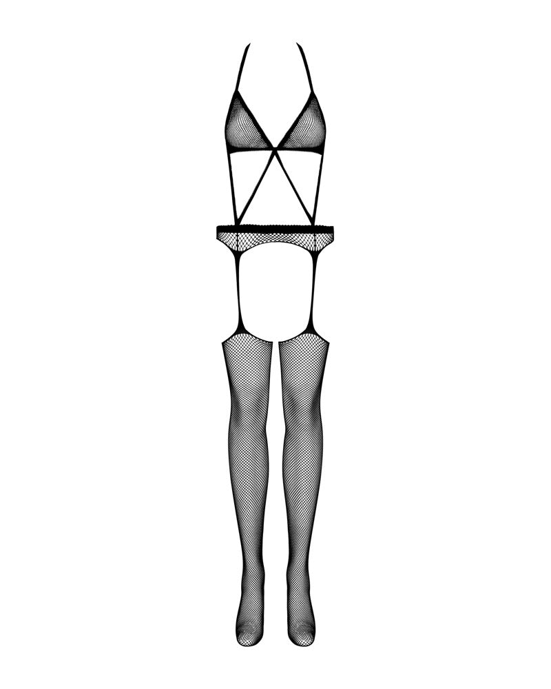 Obsessive Bodystocking met jarretelgordel en mesh - Zwart