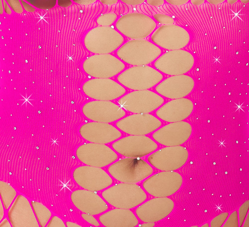 Fantasy by Cottelli Catsuit kruisloos met netdesign en stras - Roze