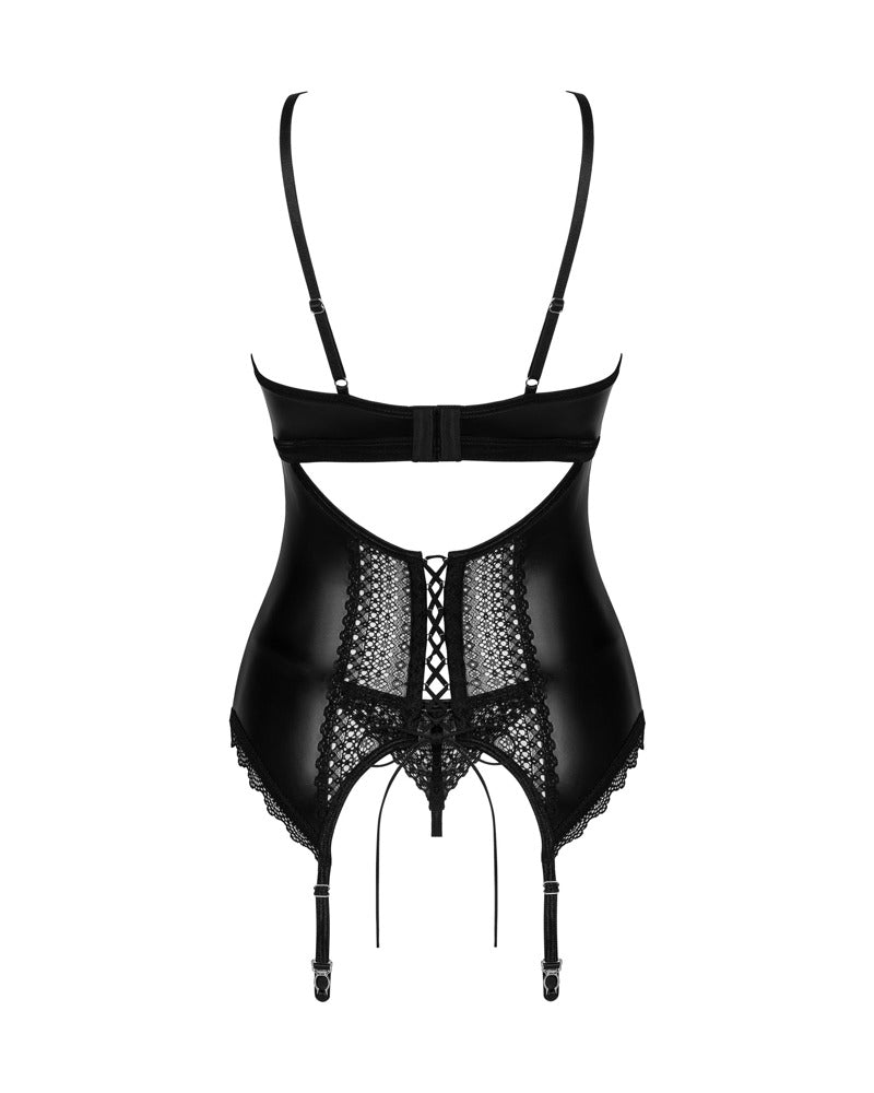 Obsessive natte look kant jarretelkorset Norides - Zwart