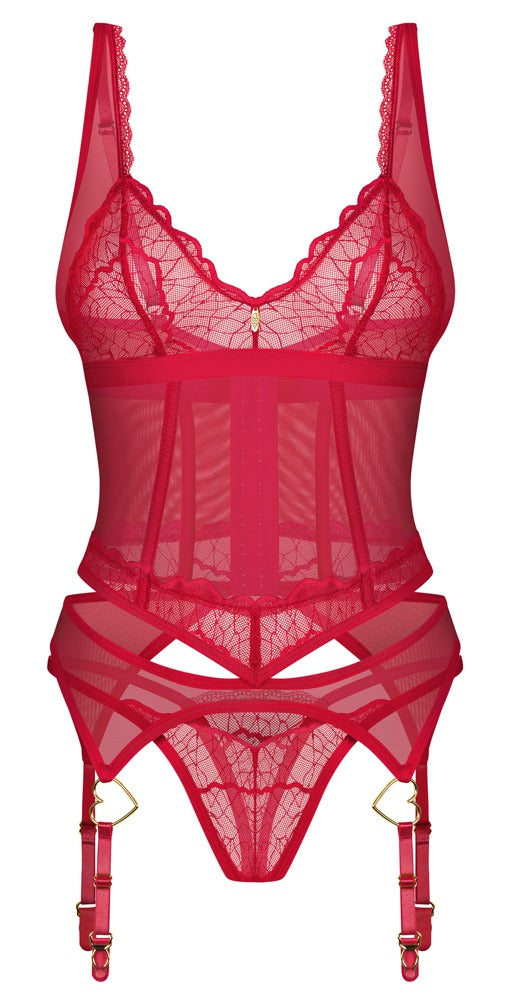 Obsessive Jarretel set met thong transparant kant - Rood