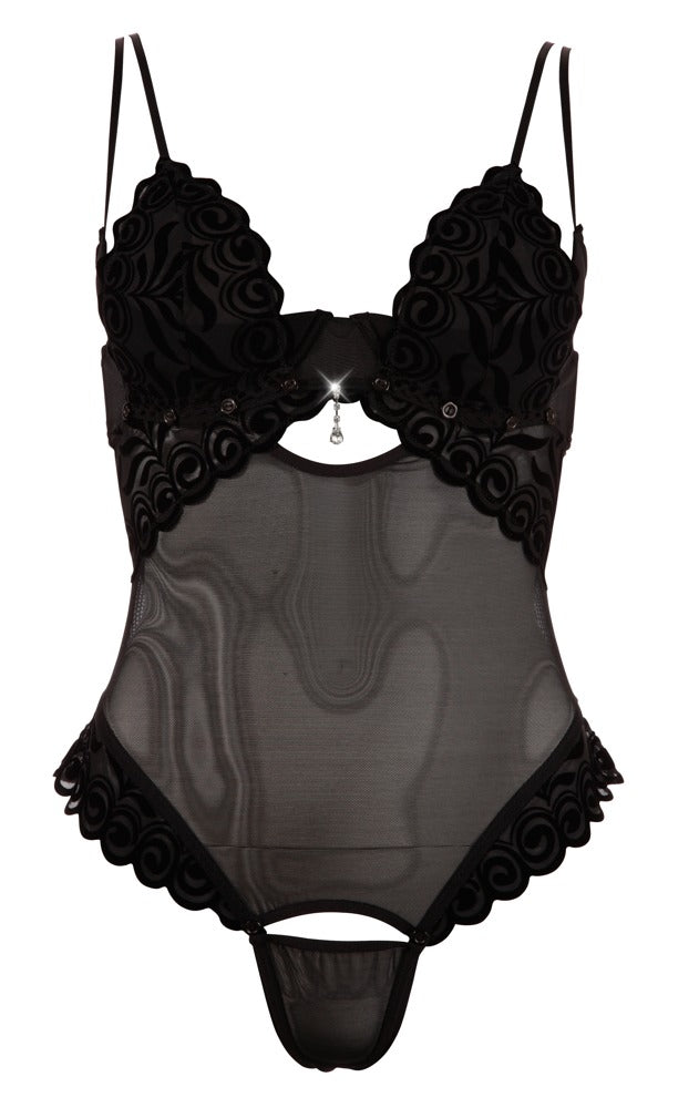Cottelli LINGERIE Body met fluwelen flockprint en geïntegreerde cups - Zwart
