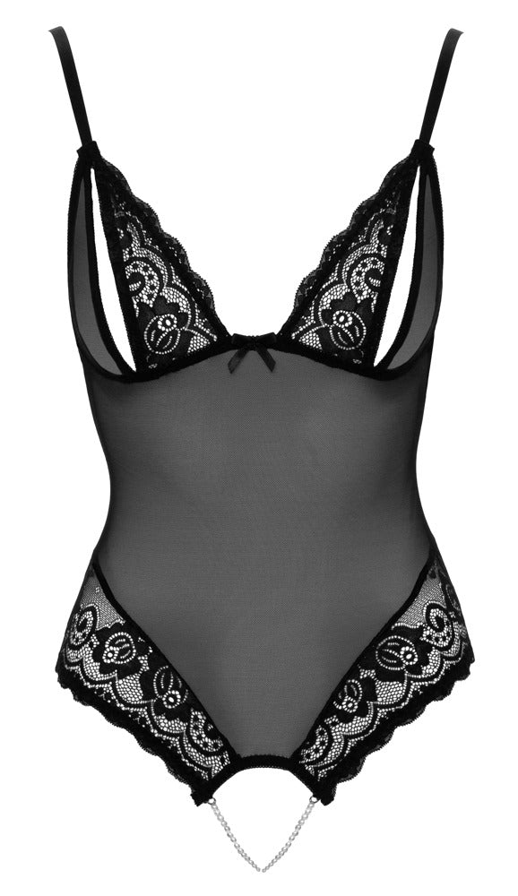Cottelli LINGERIE body met splitjes en parels - Zwart