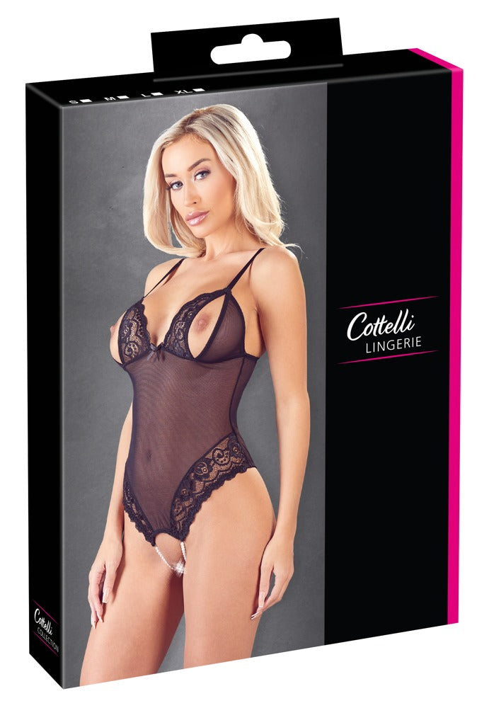 Cottelli LINGERIE body met splitjes en parels - Zwart