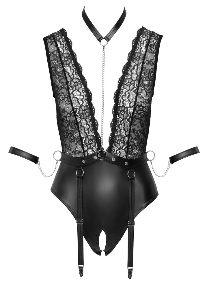 Cottelli BONDAGE Jarretel body met diep decolleté en kruisloos slipje - Zwart