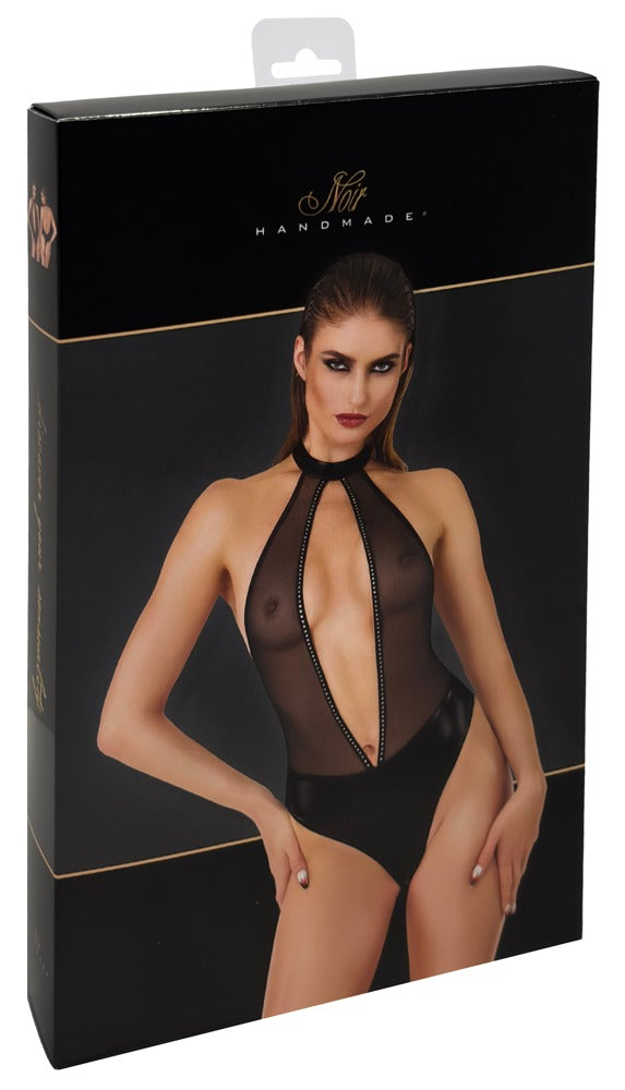Noir Body met powerwetlook en transparant powernet - Zwart