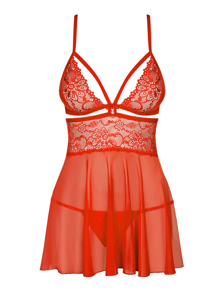 Obsessive Babydoll met jarretels en kant - Rood