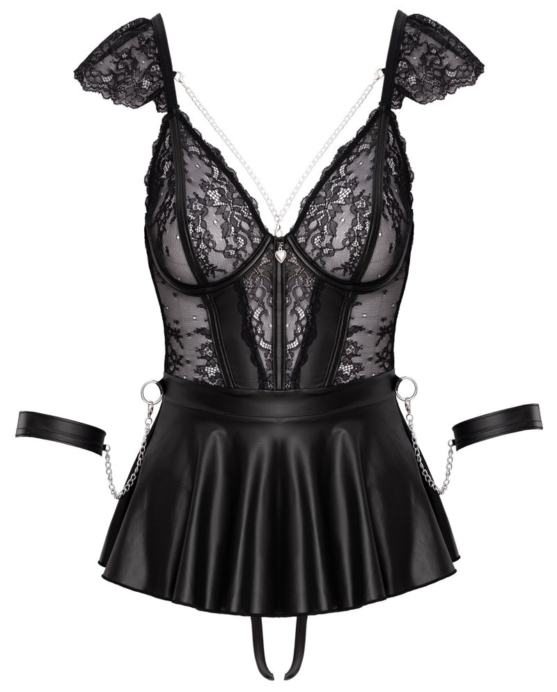 Cottelli BONDAGE Babydoll set met handboeien en kruisloze string - Zwart